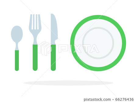 Tablespoons teaspoon fork, knife, plate with green piping vector flat isolated Tablespoons teaspoon fork, knife, plate with green piping vector flat isolated 66276436