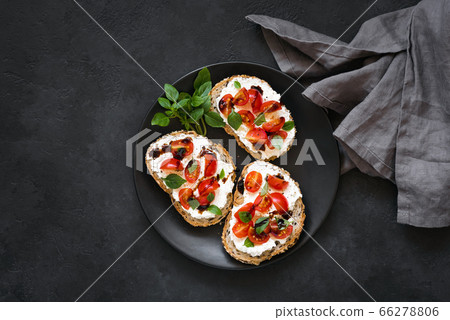 Italian Bruschetta With Ricotta Cheese, Cherry Tomatoes, Balsamic Vinegar Italian Bruschetta With Ricotta Cheese, Cherry Tomatoes, Balsamic Vinegar 66278806