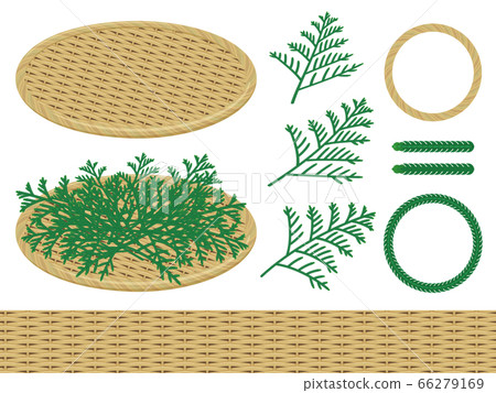 Illustration material set of bamboo colander and leaf _ Hiba _ seafood arrangement 66279169