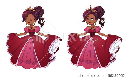 Pretty little princess with dark hair and tan skin wearing red ball dress. 66280062