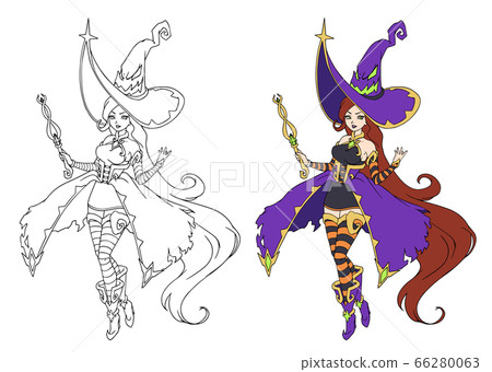 Beautiful cartoon witch wearing big Halloween hat and purple dress. Beautiful cartoon witch wearing big Halloween hat and purple dress. 66280063