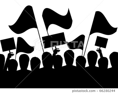 People protest, black outline of people with flags People protest, black outline of people with flags 66280244