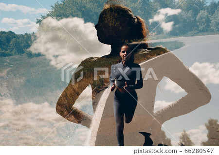 Running girl in city park. Young woman runner outdoor jogging. In-camera multiple exposure image. Running girl in city park. Young woman runner outdoor jogging. In-camera multiple exposure image. 66280547
