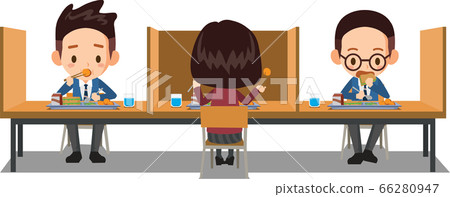 Students sit at tables separated by partitions and eat lunch while keeping a distance from each other. 66280947