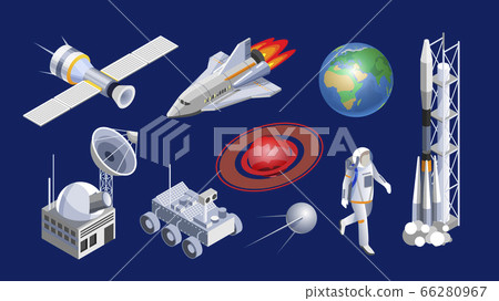Isometric spaceships. Space shuttle, cosmic rocket Isometric spaceships. Space shuttle, cosmic rocket 66280967
