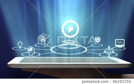 Smart modern technology. Hand holds tablet with glowing holograms with button play, settings and graphs Smart modern technology. Hand holds tablet with glowing holograms with button play, settings and graphs 66281558