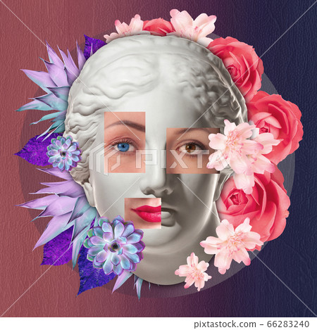 Collage with plaster antique sculpture of human face in a pop art style. Creative concept colorful neon image with ancient statue head. Zine culture. Cyberpunk, webpunk and surreal style poster. 66283240