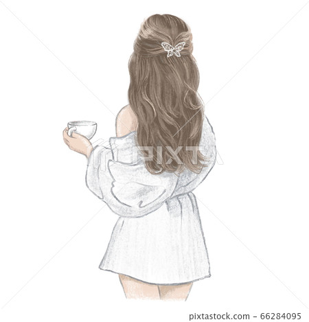 Girls Spa Day. Young woman in white bathrobe with a cup of tea, hand drawn illustration 66284095