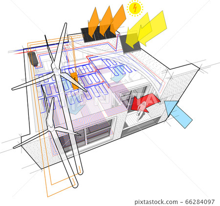 Apartment diagram with floor heating and connected to the wind turbines and photovoltaic and solar panels and and ceiling cooling  66284097