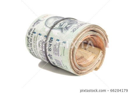 Roll of Indian rupees isolated on white 66284179