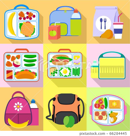 Fresh food lunch bag icon set, flat style 66284445