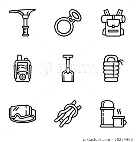 Modern hiking equipment icon set, outline style Modern hiking equipment icon set, outline style 66284499