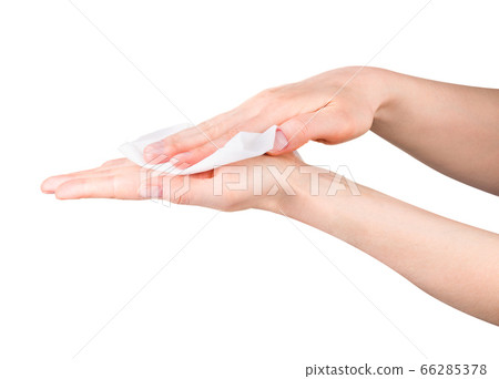 Woman hand use antibacterial wet wipes or tissue isolated on a white background 66285378