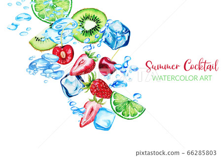 Fresh watercolor strawberries, qiwi slices and cherries 66285803