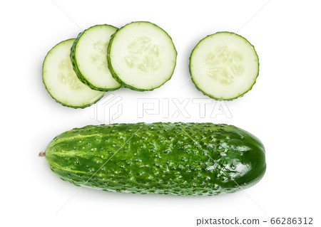 Sliced cucumber isolated on white background with clipping path and full depth of field, Top view. Flat lay 66286312