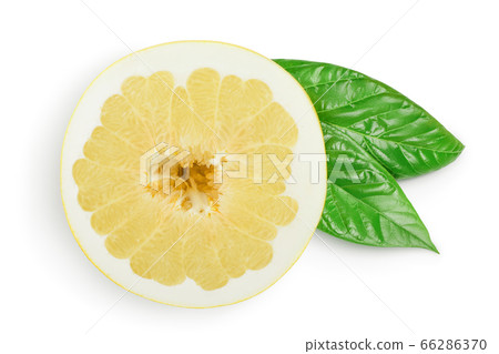pomelo slice and leaf isolated on white background with clipping path and full depth of field. Top view. Flat lay. pomelo slice and leaf isolated on white background with clipping path and full depth of field. Top view. Flat lay. 66286370