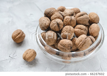 Walnuts in shell in bowl on gray background Walnuts in shell in bowl on gray background 66287602