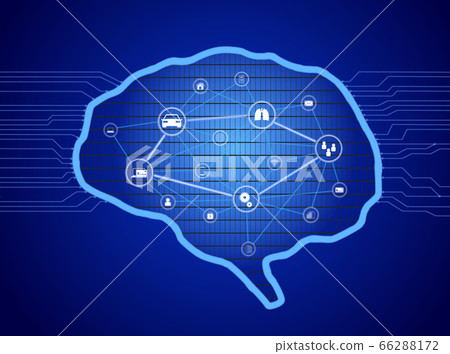 用晶圓代表大腦內部的AI概念。將AI功能圖像圖標放置在大腦內部並將其連接到外部 66288172