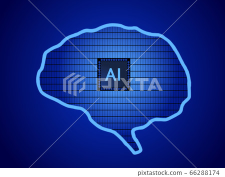 An AI concept that represents the inside of the brain with a wafer. An image of a CPU placed in the center of the brain. 66288174