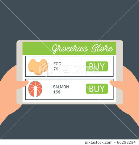 hand holding cellphone for online shopping groceries. vector illustration hand holding cellphone for online shopping groceries. vector illustration 66288284