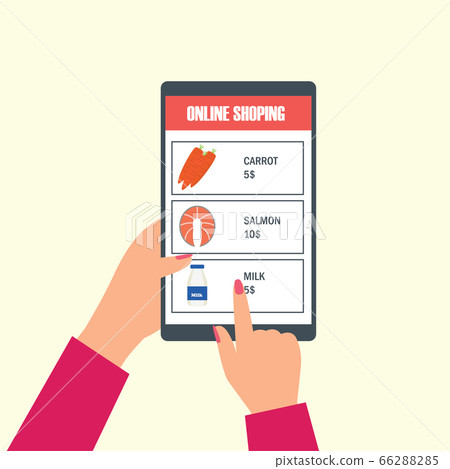 hand holding cellphone for online shopping groceries. vector illustration 66288285