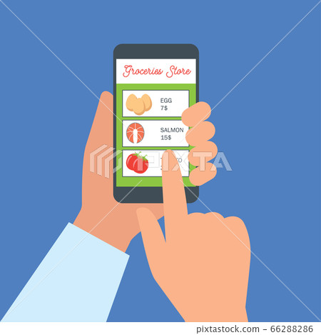 hand holding cellphone for online shopping groceries. vector illustration hand holding cellphone for online shopping groceries. vector illustration 66288286