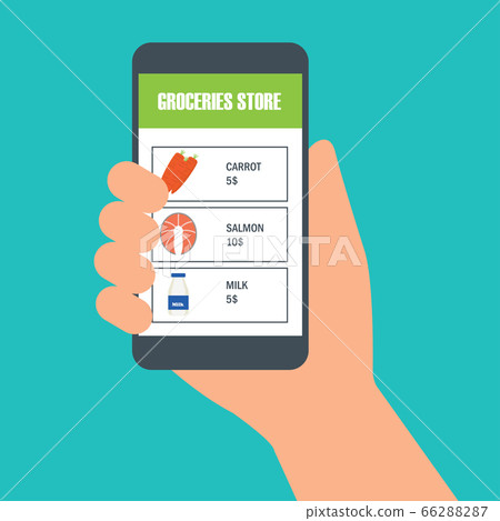 hand holding cellphone for online shopping groceries. vector illustration 66288287