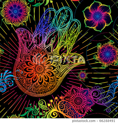 Seamless pattern with ornate hand drawn hamsa. Seamless pattern with ornate hand drawn hamsa. 66288491