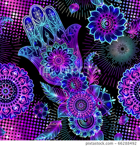 Seamless pattern with ornate hand drawn hamsa. 66288492