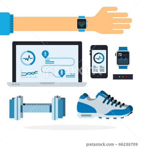Set of sport equipment, app on gadget, sneaker and hand with bracelet vector icon flat isolated. Set of sport equipment, app on gadget, sneaker and hand with bracelet vector icon flat isolated. 66288709