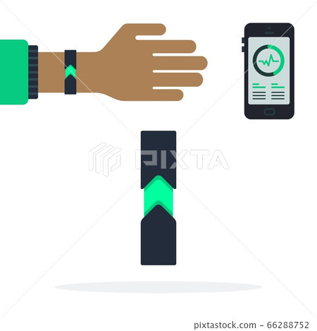 Sport bracelet on man's wrist and display with heartbeat Fitness trackers vector icon flat isolated. 66288752