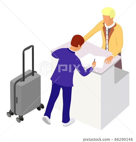 Two people interact near the reception or counter Two people interact near the reception or counter 66290148