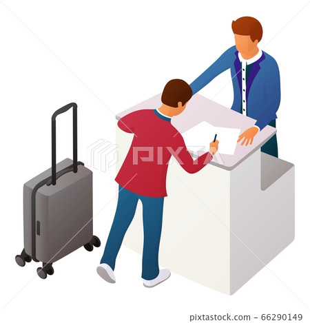Two people interact near the reception or counter Two people interact near the reception or counter 66290149