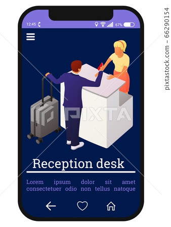 Two people interact near the reception or counter Two people interact near the reception or counter 66290154