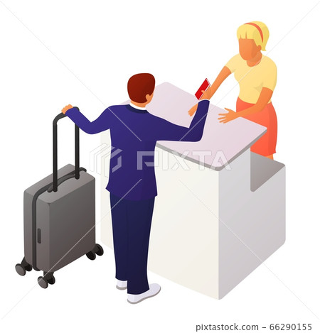 Two people interact near the reception or counter Two people interact near the reception or counter 66290155