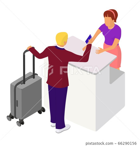 Two people interact near the reception or counter Two people interact near the reception or counter 66290156