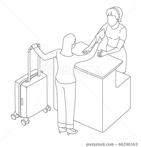 Two people interact near the reception or counter 66290163