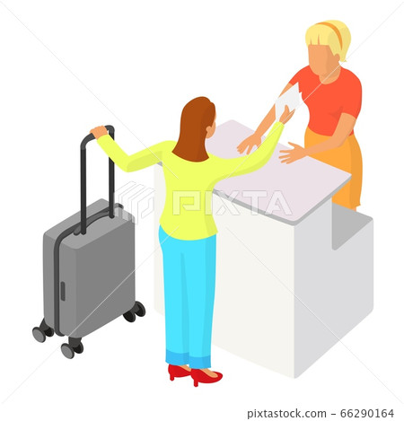 Two people interact near the reception or counter Two people interact near the reception or counter 66290164