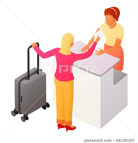 Two people interact near the reception or counter 66290165