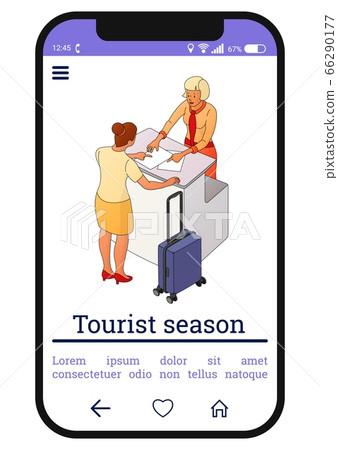 Two people interact near the reception or counter 66290177