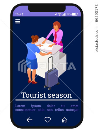Two people interact near the reception or counter Two people interact near the reception or counter 66290178