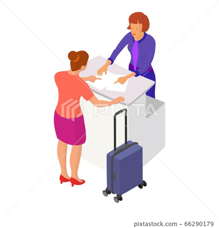 Two people interact near the reception or counter 66290179