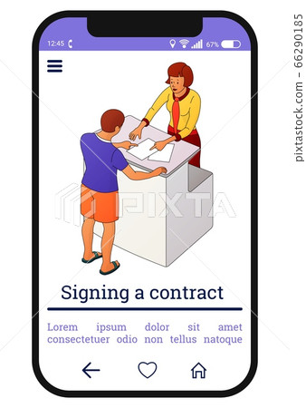 Two people interact near the reception or counter 66290185