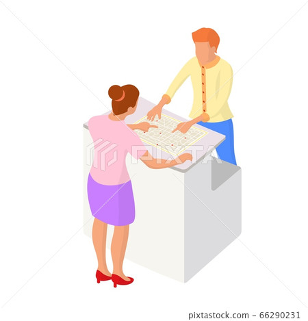 Two people interact near the reception or counter Two people interact near the reception or counter 66290231