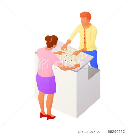 Two people interact near the reception or counter Two people interact near the reception or counter 66290232