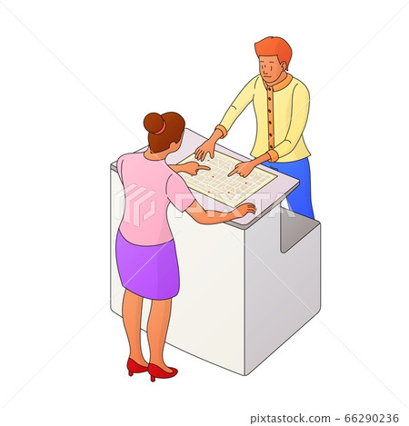 Two people interact near the reception or counter Two people interact near the reception or counter 66290236