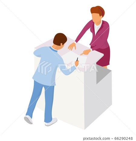 Two people interact near the reception or counter Two people interact near the reception or counter 66290248