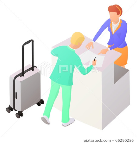 Two people interact near the reception or counter 66290286