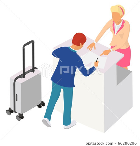 Two people interact near the reception or counter 66290290