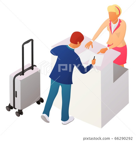 Two people interact near the reception or counter Two people interact near the reception or counter 66290292